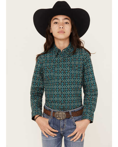 Roper Girls' Geo Print Long Sleeve Snap Western Shirt, Teal, hi-res