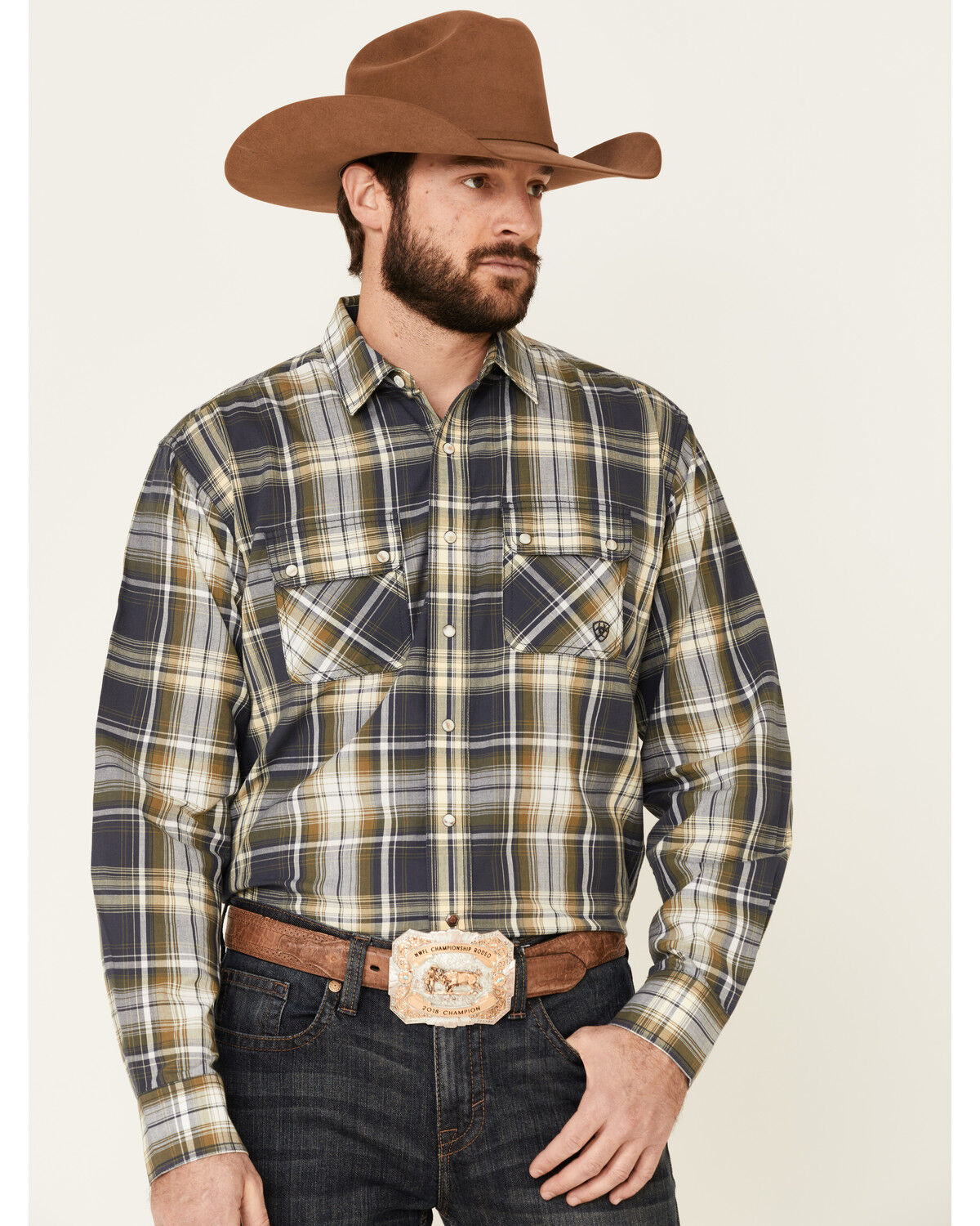 Image #1 - Ariat Men's Axel Large Ombre Retro Plaid Long Sleeve Western Shirt, Blue, hi-res