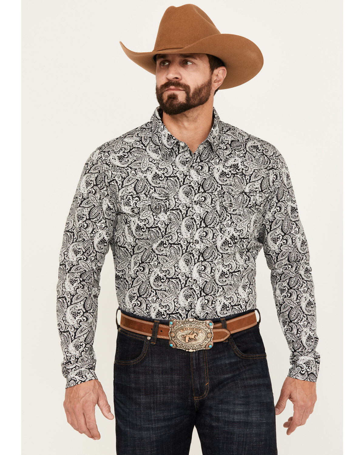 Image #1 - Cody James Men's Mamba Paisley Print Long Sleeve Western Snap Shirt - Big, Black, hi-res