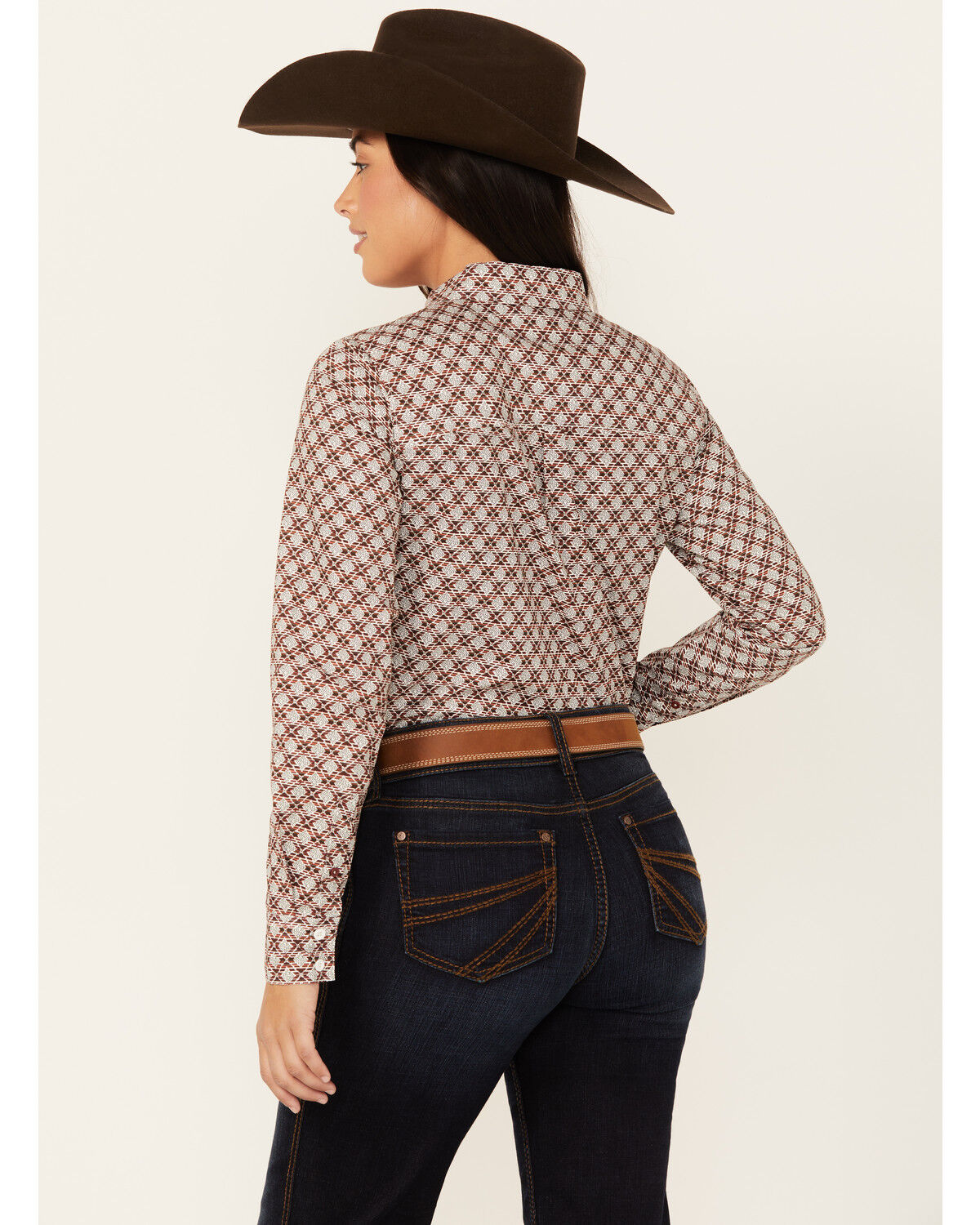 Image #4 - Shyanne Women's Geo Print Long Sleeve Button-Down Stretch Riding Shirt, Dark Red, hi-res