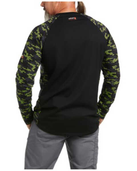 Image #2 - Ariat Men's Black & Lime Camo FR Stretch Long Sleeve Baseball Work T-Shirt, Black, hi-res