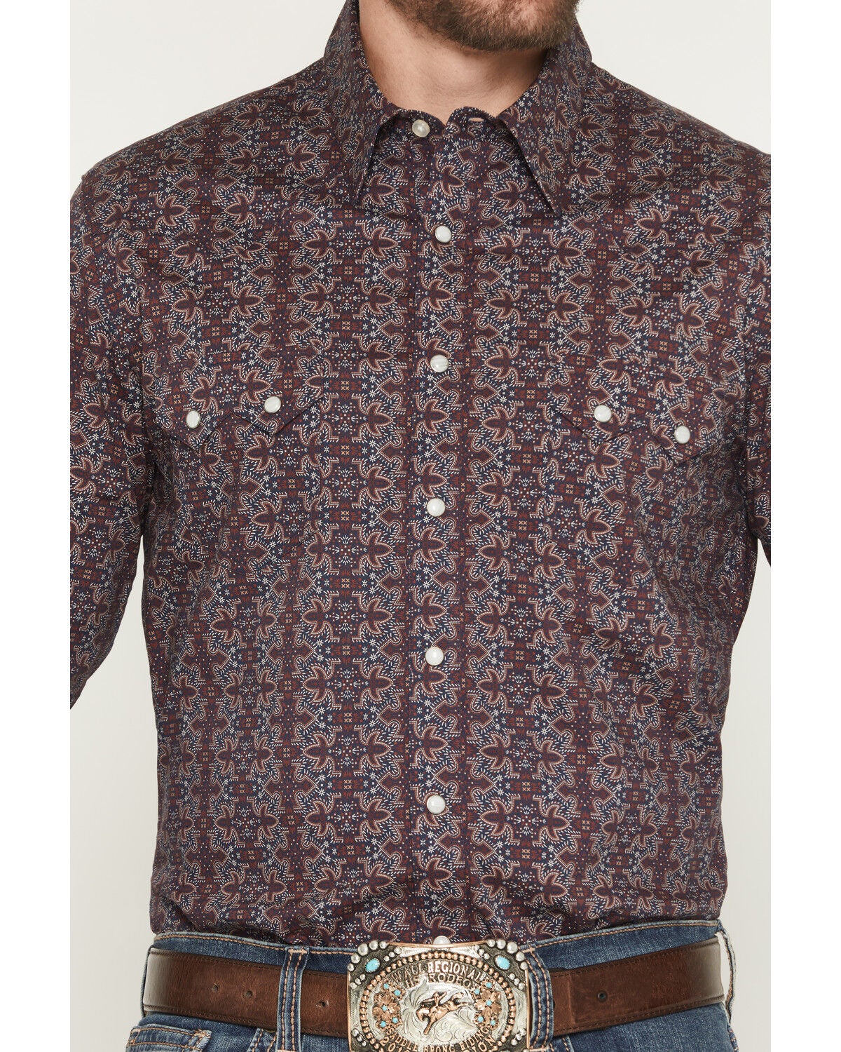 Image #3 - Rock & Roll Denim Men's Bootstitch Long Sleeve Snap Stretch Western Shirt, Burgundy, hi-res