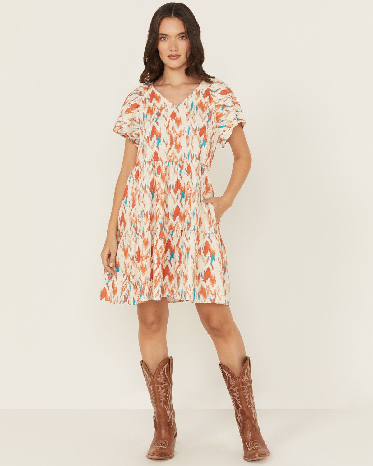 Ariat Women's Delilah Southwestern Print Short Sleeve Mini Dress, Rust Copper, hi-res