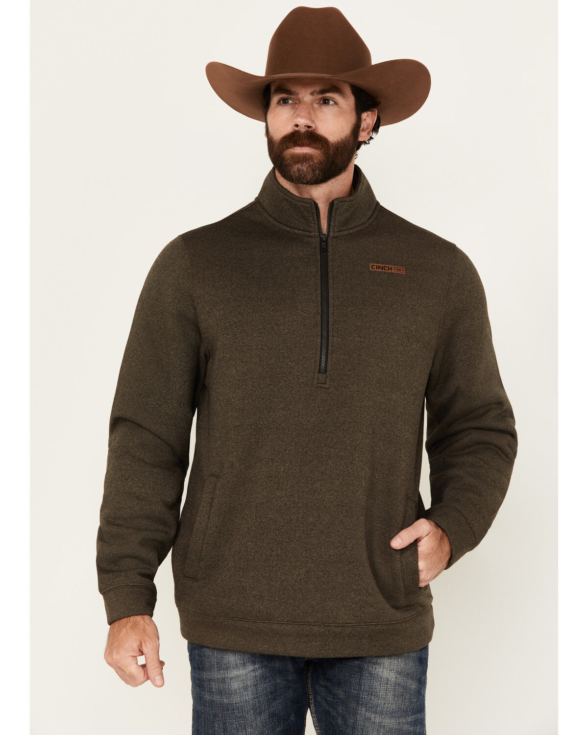 Image #1 - Cinch Men's Solid Quarter Zip Long Sleeve Pullover, Brown, hi-res