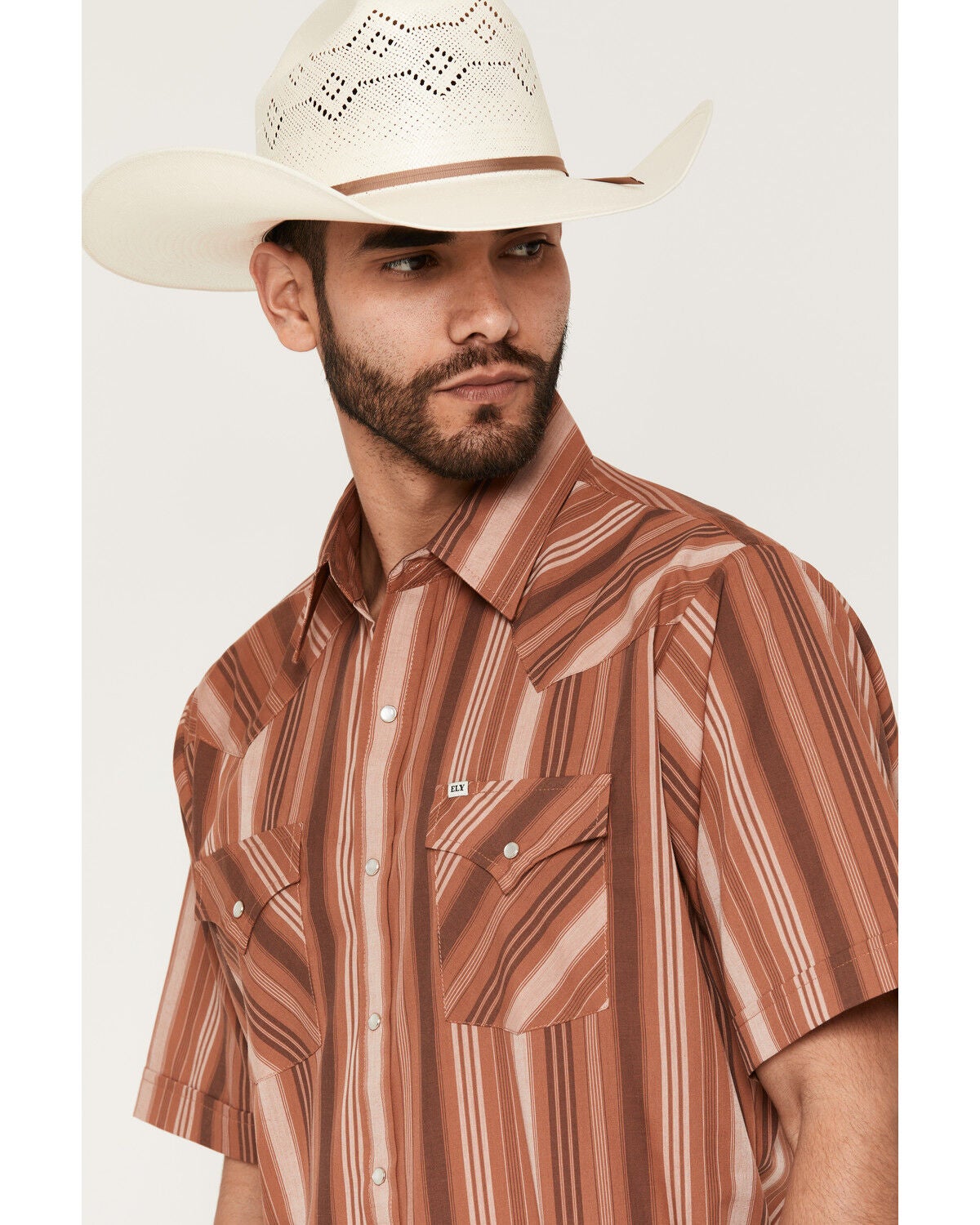 Image #2 - Ely Walker Men's Striped Short Sleeve Pearl Snap Western Shirt, Rust Copper, hi-res