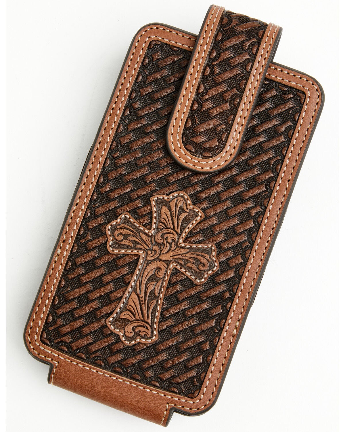 Image #1 - Cody James Men's Wells Basketweave Cross Leather Cell Phone Case, Brown, hi-res