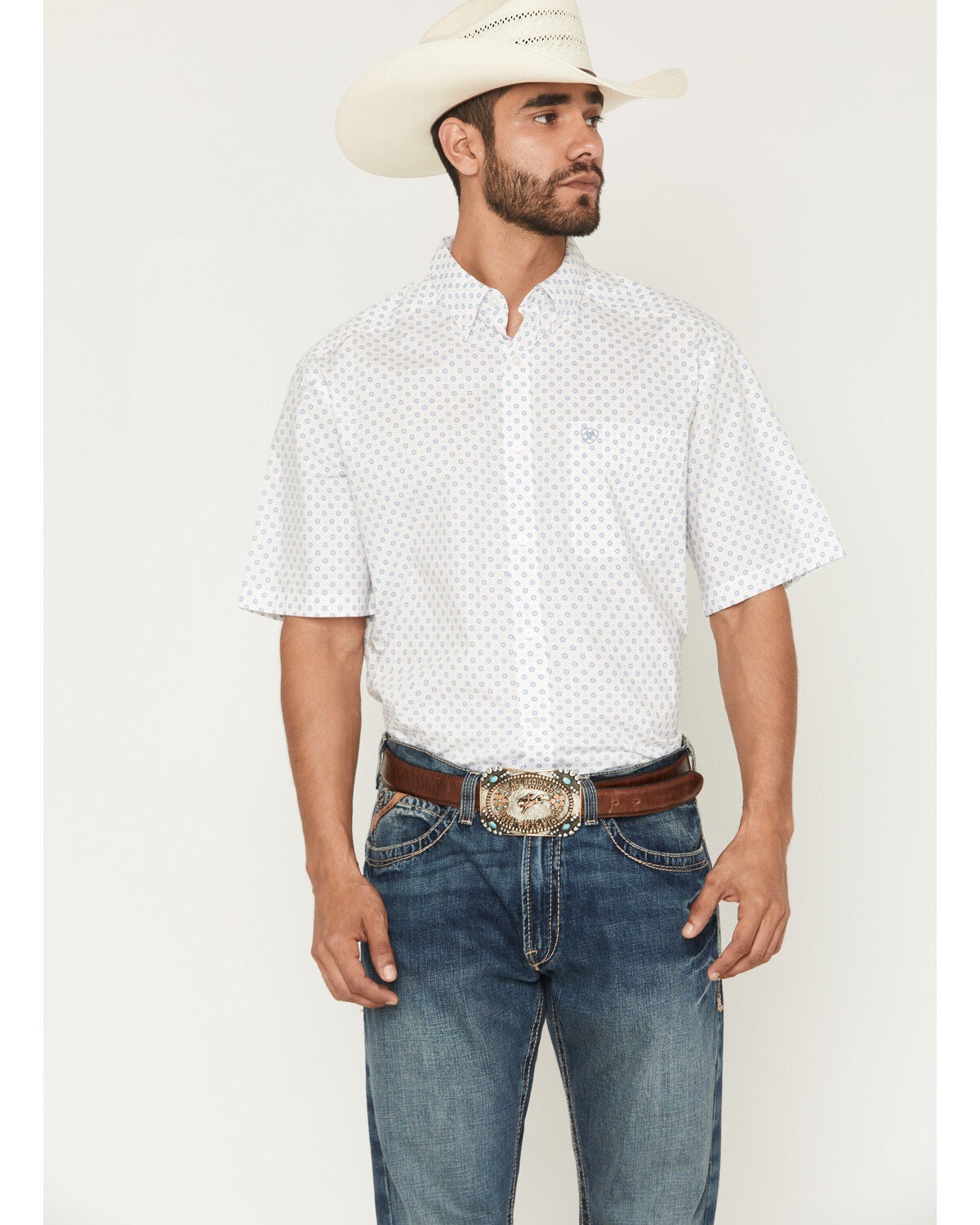 Ariat Men's Tenzin Medallion Print Short Sleeve Button-Down Western Shirt, White, hi-res