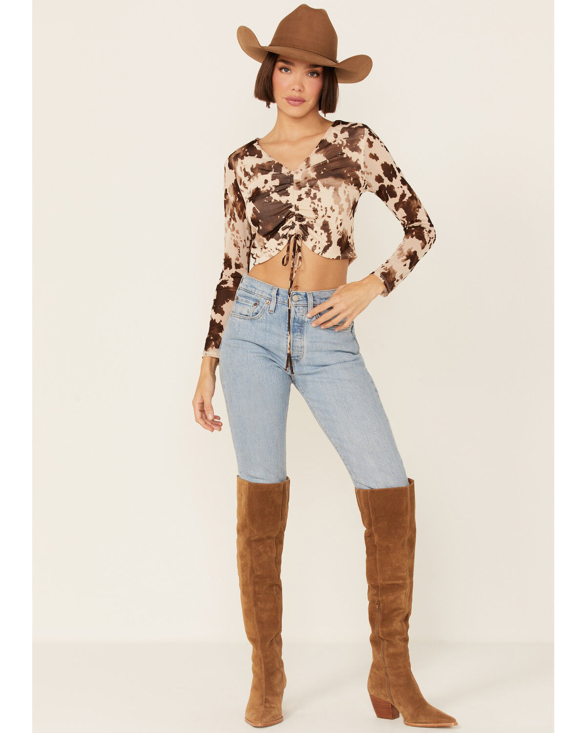 Image #4 - Saints & Hearts Ruched Mesh Long Sleeve Top, Cream, hi-res