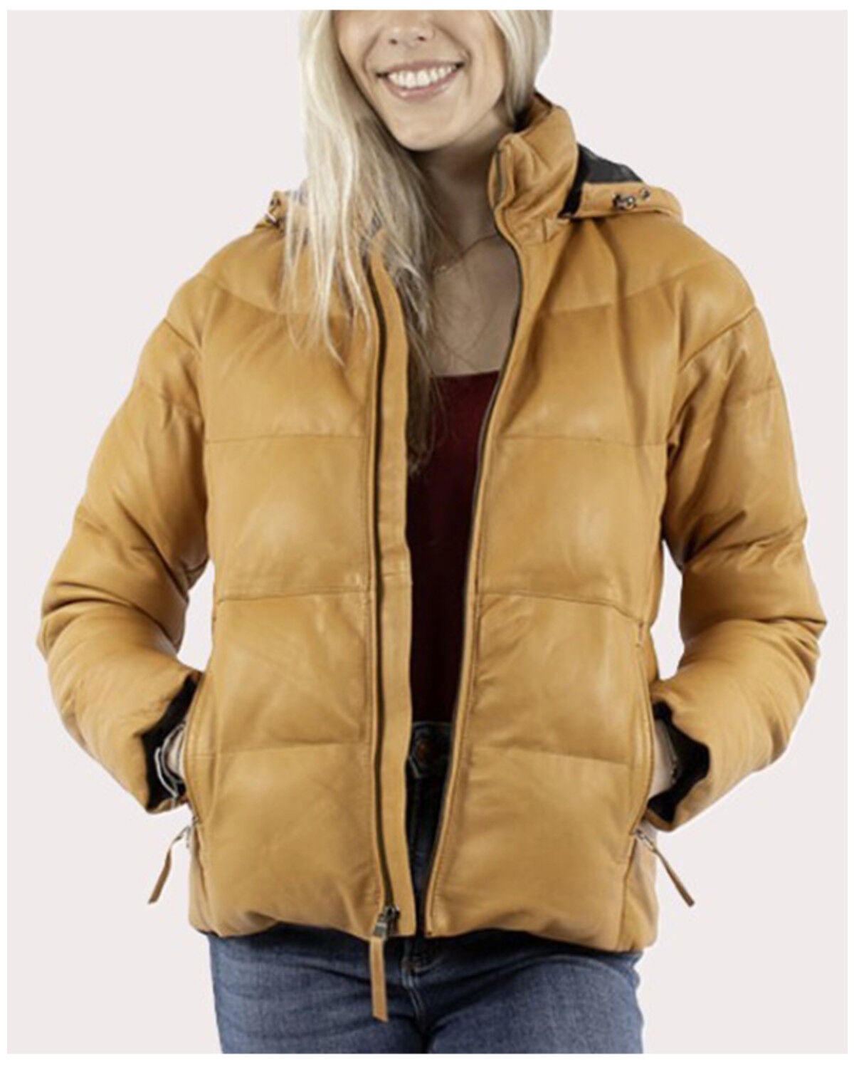 Image #1 - Scully Women's Lambskin Leather Hooded Puffer Jacket, Honey, hi-res