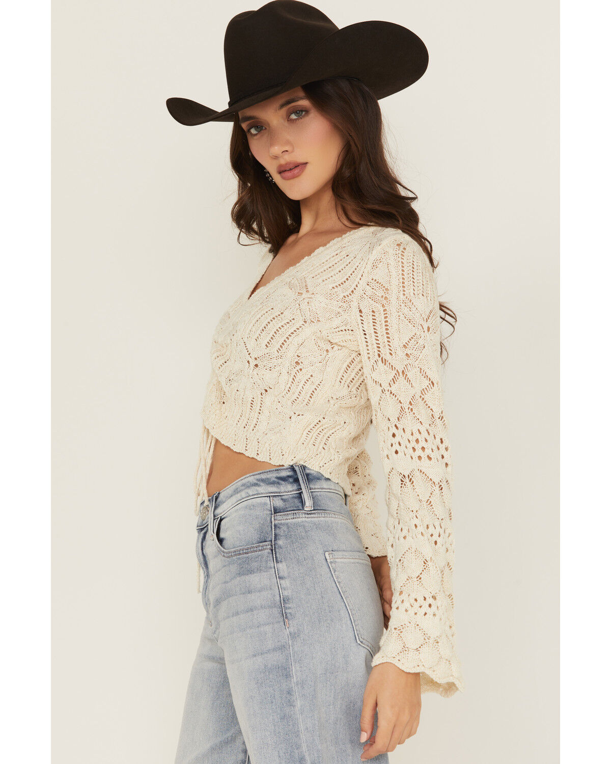 Image #2 - Shyanne Women's Ruched Front Bell Sleeve Sweater, Ivory, hi-res