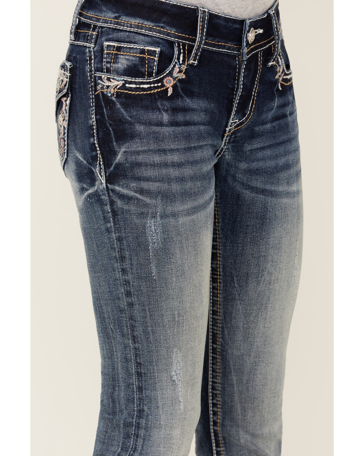 Image #4 - Grace in LA Girls' Medium Wash Paisley Embroidered Faux Flap Pocket Bootcut Stretch Denim Jeans, Medium Wash, hi-res