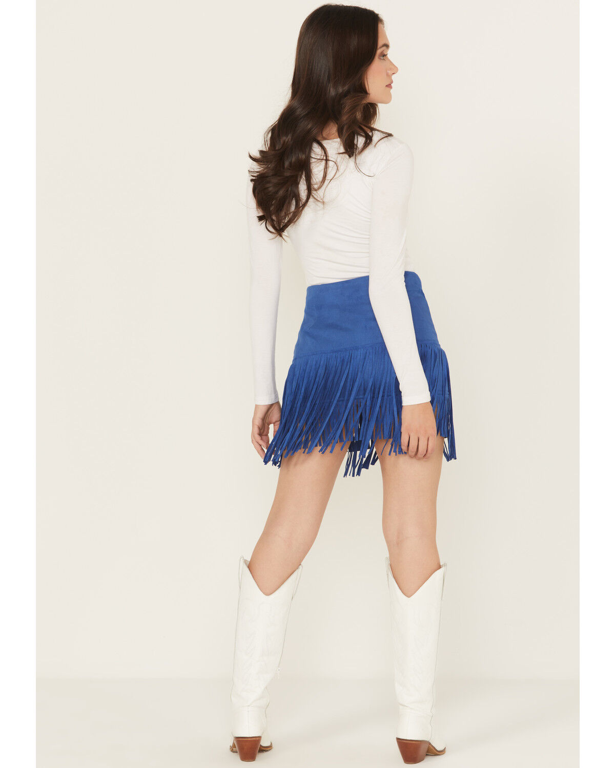 Image #3 - Fornia Women's Faux Suede Fringe and Studded Mini Skirt, Blue, hi-res