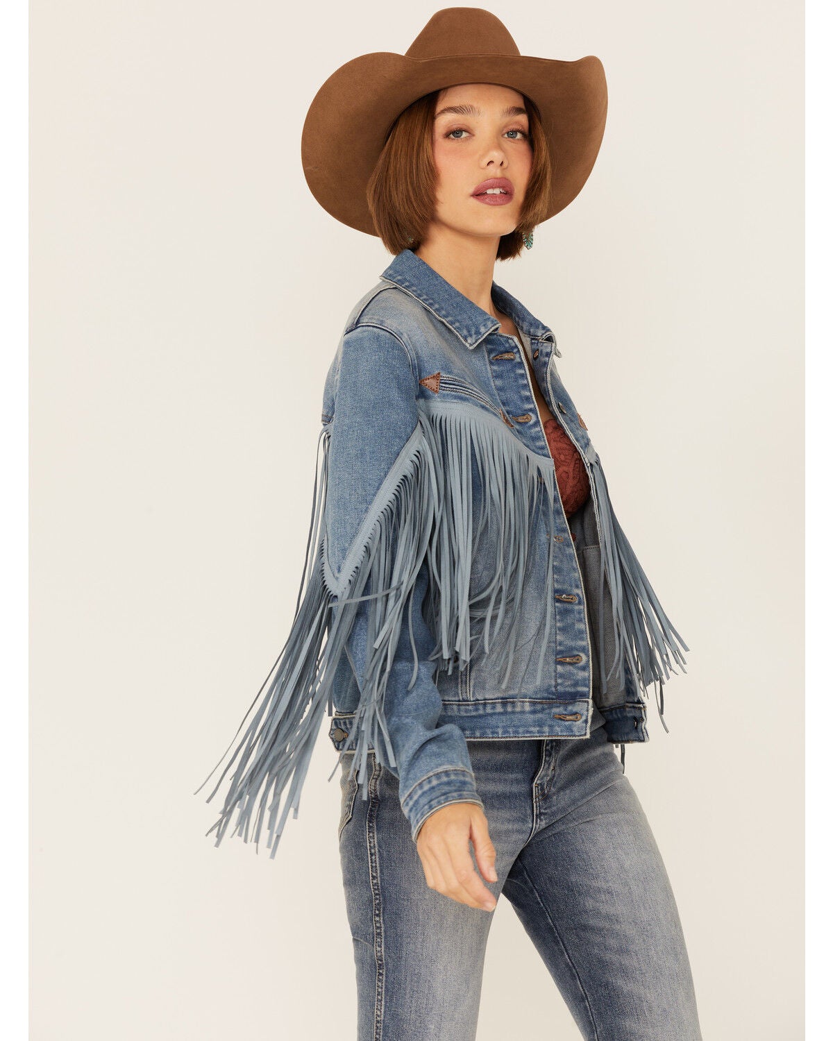 Image #1 - Rock & Roll Denim Women's Light Wash Tonal Suede Fringe Button-Down Denim Jacket , , hi-res