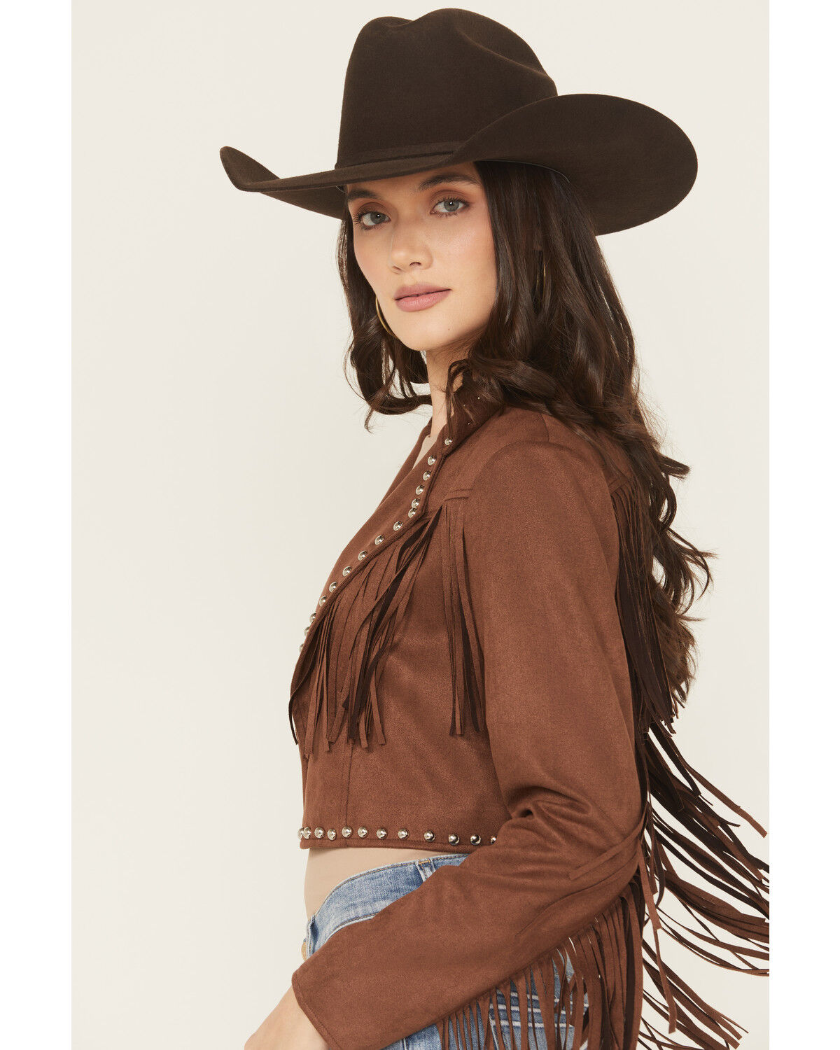 Image #2 - Saints & Hearts Women's Faux Suede Studded Fringe Cropped Jacket, Chocolate, hi-res