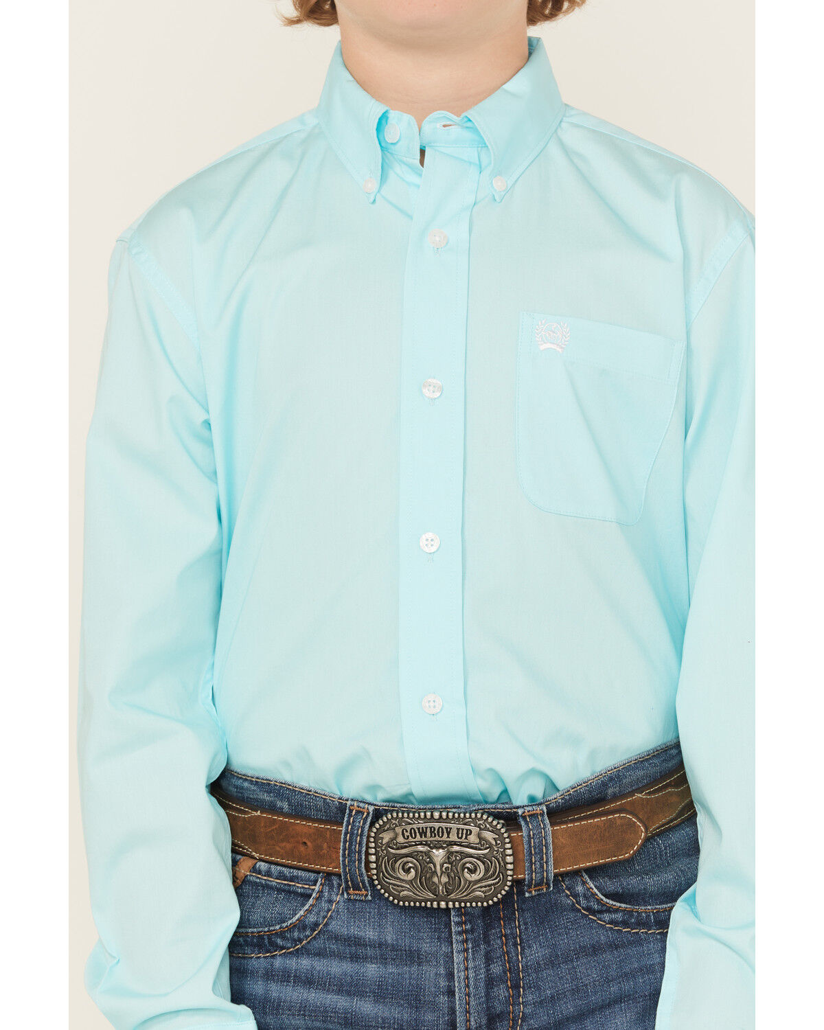 Image #3 - Cinch Boys' Solid Long Sleeve Button-Down Western Shirt, Turquoise, hi-res