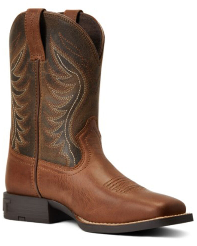 Ariat Boys' Amos Sorrel Crunch & Army Green Full Grain Leather Western Boot - Wide Square Toe , Brown, hi-res
