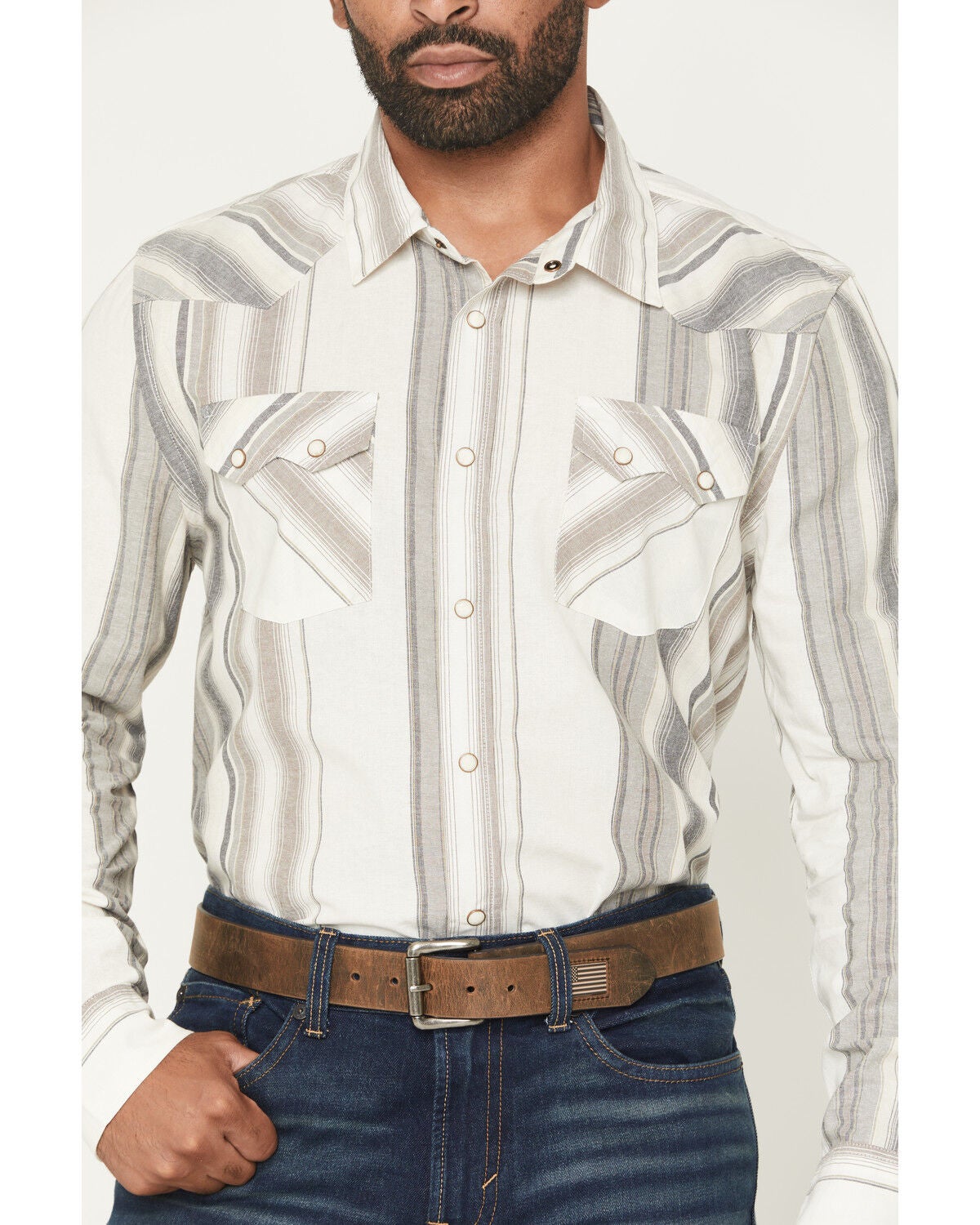 Image #3 - Panhandle Men's Vintage Stripe Print Long Sleeve Snap Western Shirt, Natural, hi-res