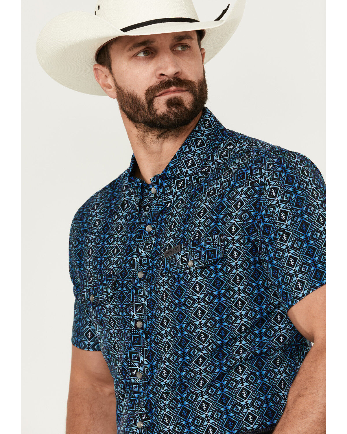 Image #2 - Panhandle Men's Southwestern Print Short Sleeve Pearl Snap Performance Western Shirt, Dark Blue, hi-res