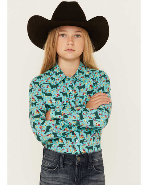 Cotton & Rye Girls' Show Heifer Long Sleeve Pearl Snap Western Shirt , Turquoise, hi-res