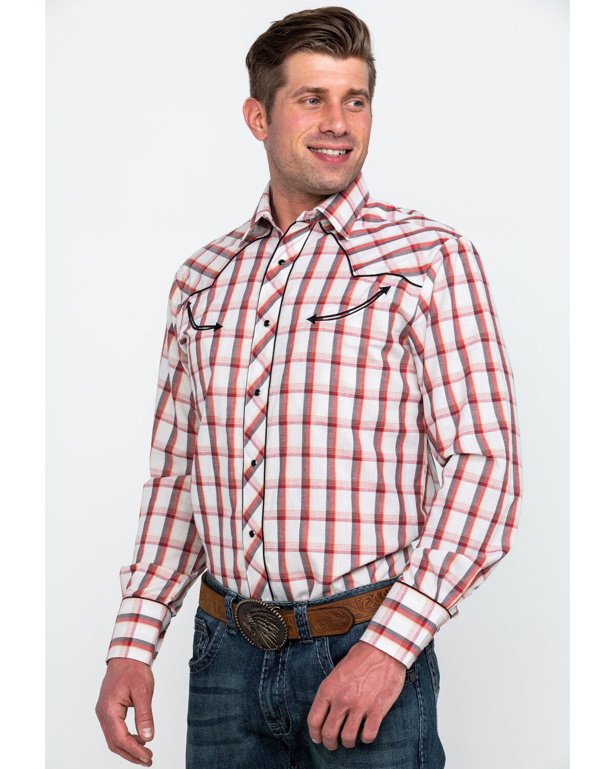 Image #3 - Roper Men's Large Fancy Plaid Long Sleeve Western Shirt, Red, hi-res