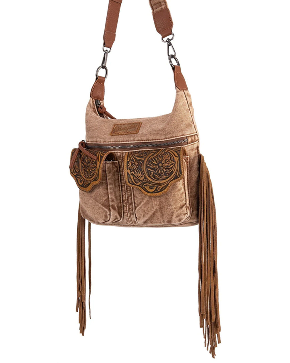 Image #4 - Wrangler Women's Fringe Floral Tooled Denim Crossbody Bag, Brown, hi-res