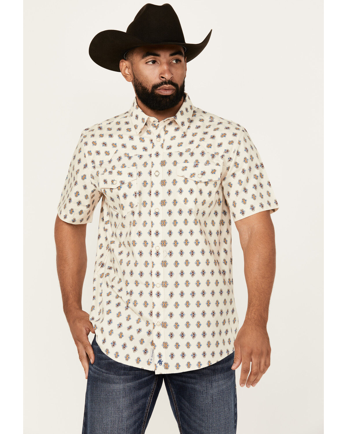 Image #1 - Moonshine Spirit Men's Groove Geo Print Short Sleeve Snap Western Shirt, White, hi-res
