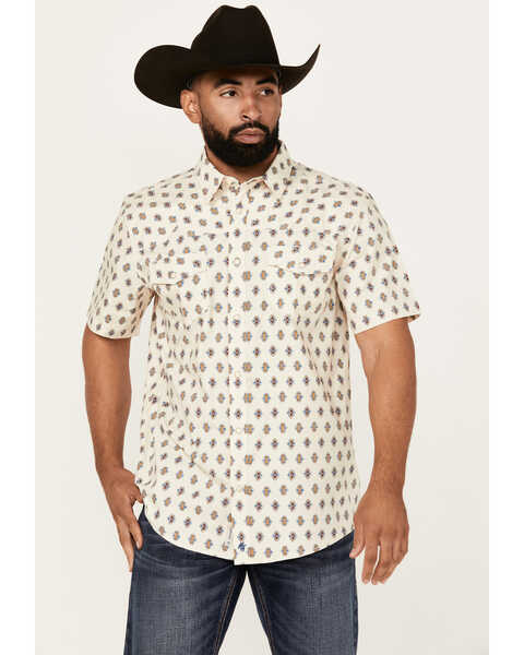 Moonshine Spirit Men's Groove Geo Print Short Sleeve Snap Western Shirt , White, hi-res