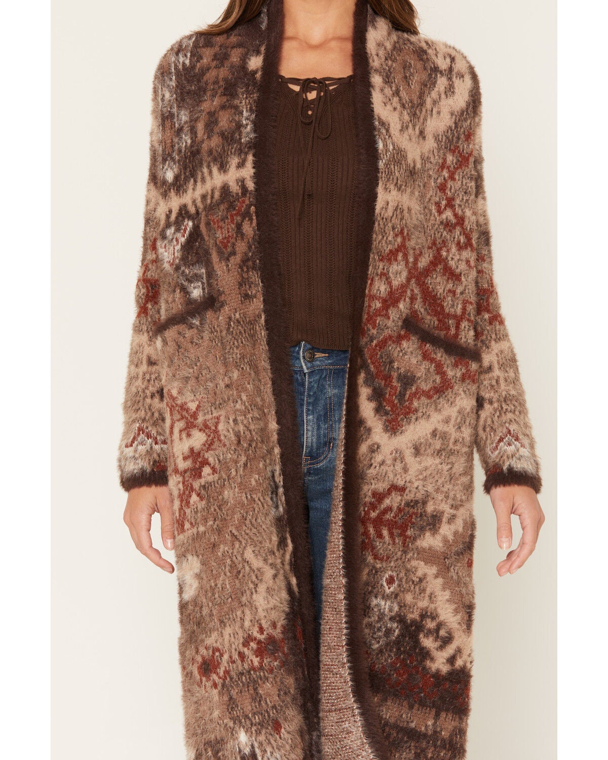 Image #3 - Shyanne Women's Southwestern Print Eyelash Yarn Duster, Cognac, hi-res