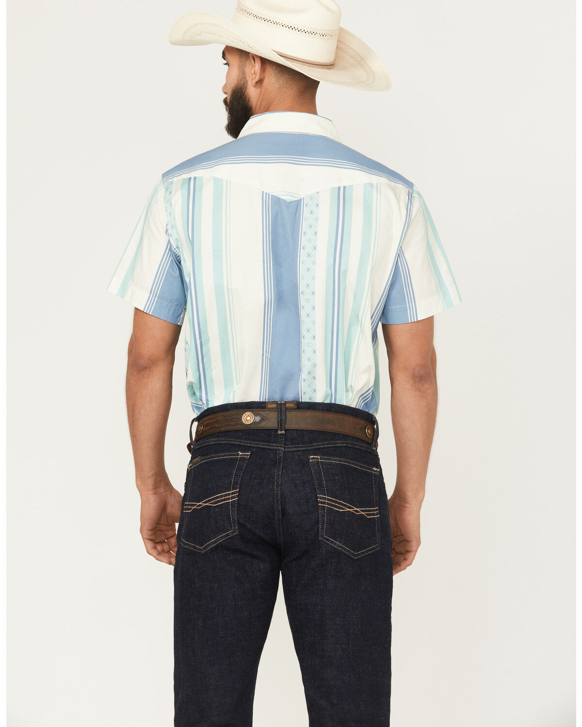 Image #4 - Sendero Provisions Men's Wyatt Serape Striped Print Short Sleeve Snap Western Shirt, Teal, hi-res