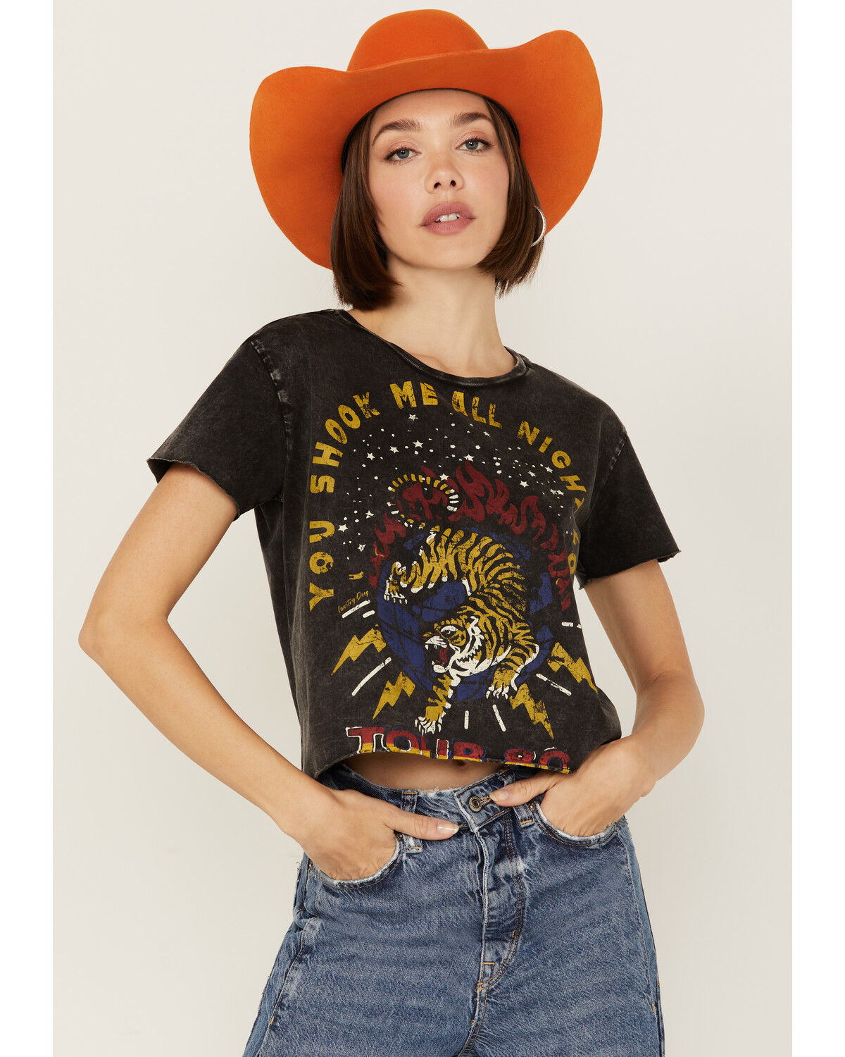 Image #1 - Country Deep Women's Acid Wash Shook Me Short Sleeve Cropped Graphic Tee, Black, hi-res