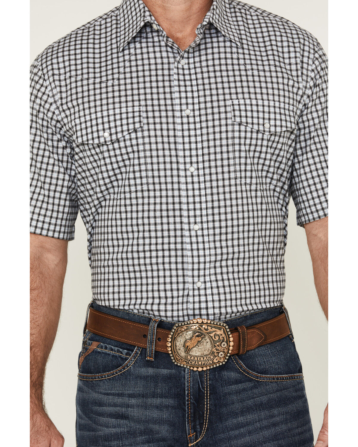 Image #3 - Wrangler Men's Plaid Print Short Sleeve Pearl Snap Stretch Western Shirt - Tall, Black, hi-res