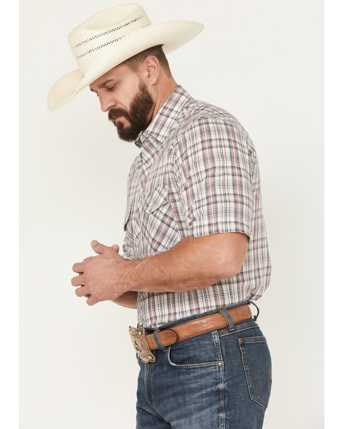 Image #2 - Roper Men's Plaid Print Short Sleeve Snap Stretch Western Shirt, White, hi-res
