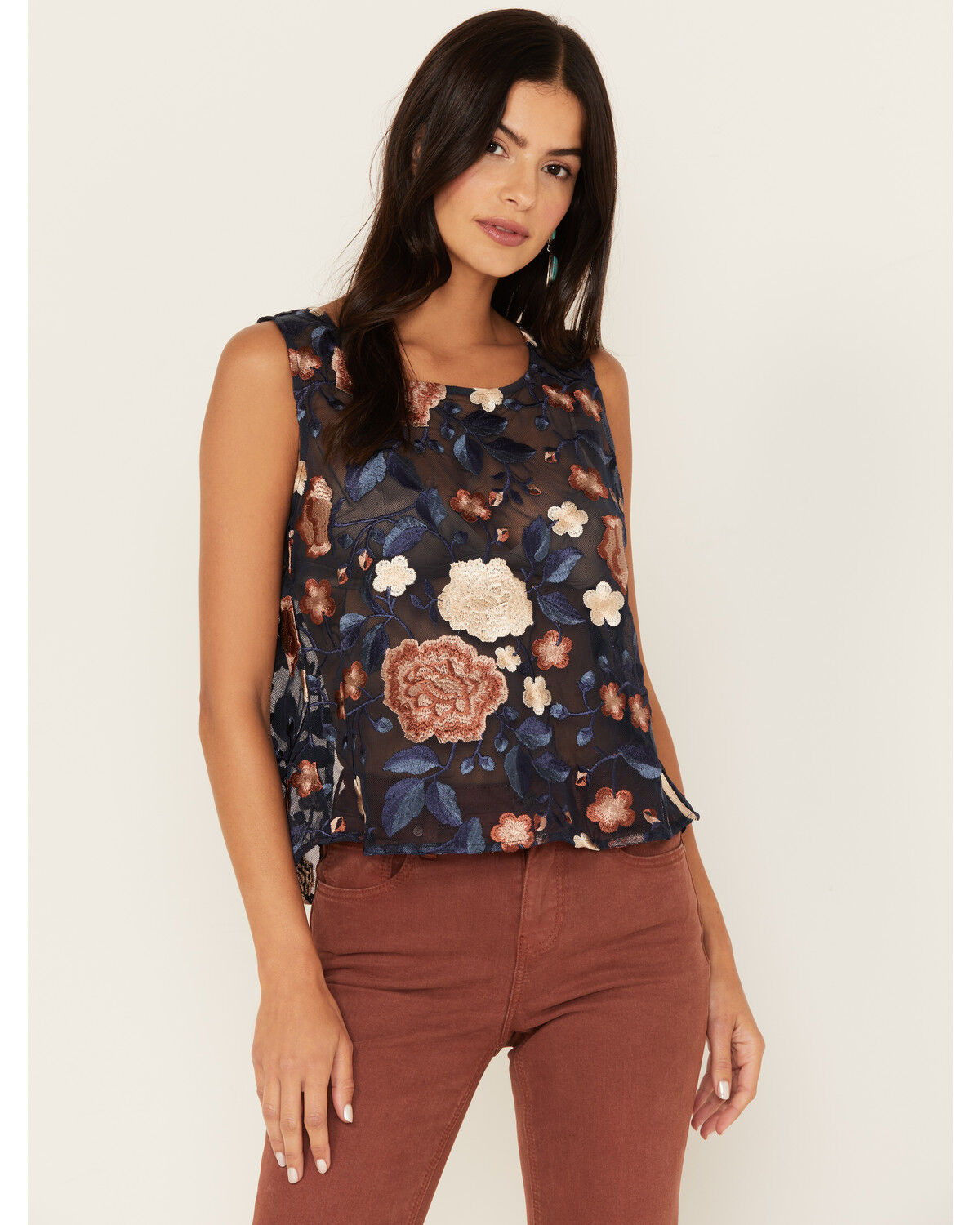 Image #1 - Shyanne Women's Floral Embroidered Mesh Tank Top, Dark Blue, hi-res