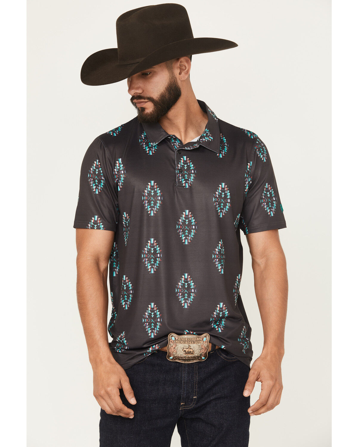 Image #1 - Hooey Men's Weekender Southwestern Print Polo Shirt, Black, hi-res