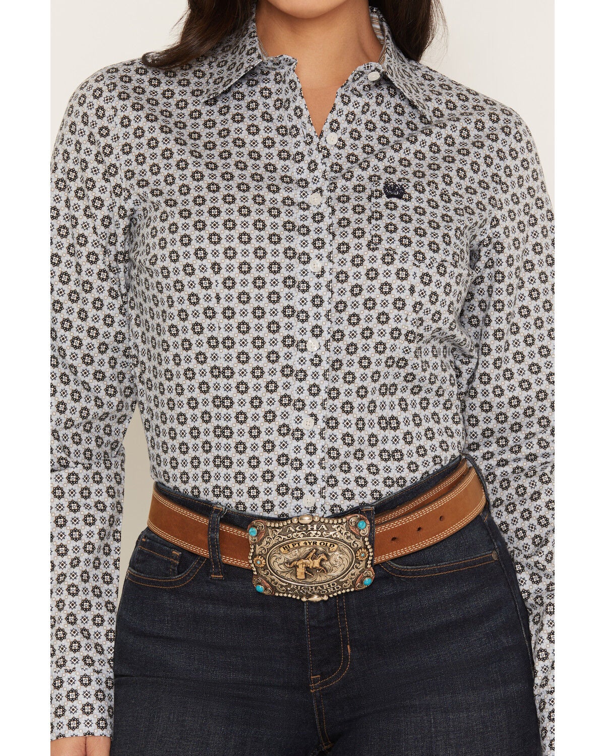 Image #3 - Cinch Women's Geo Print Long Sleeve Button-Down Western Shirt, Light Blue, hi-res