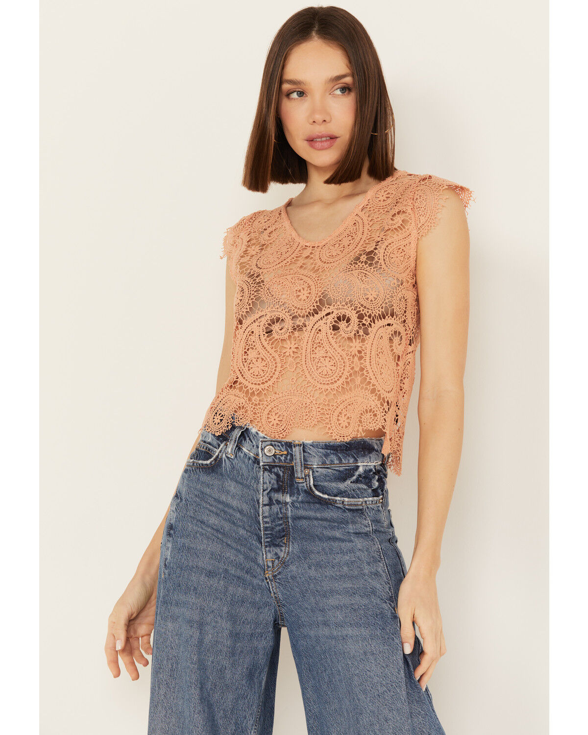 Image #1 - Rock & Roll Denim Women's Paisley Lace Sleeveless Tank, Peach, hi-res