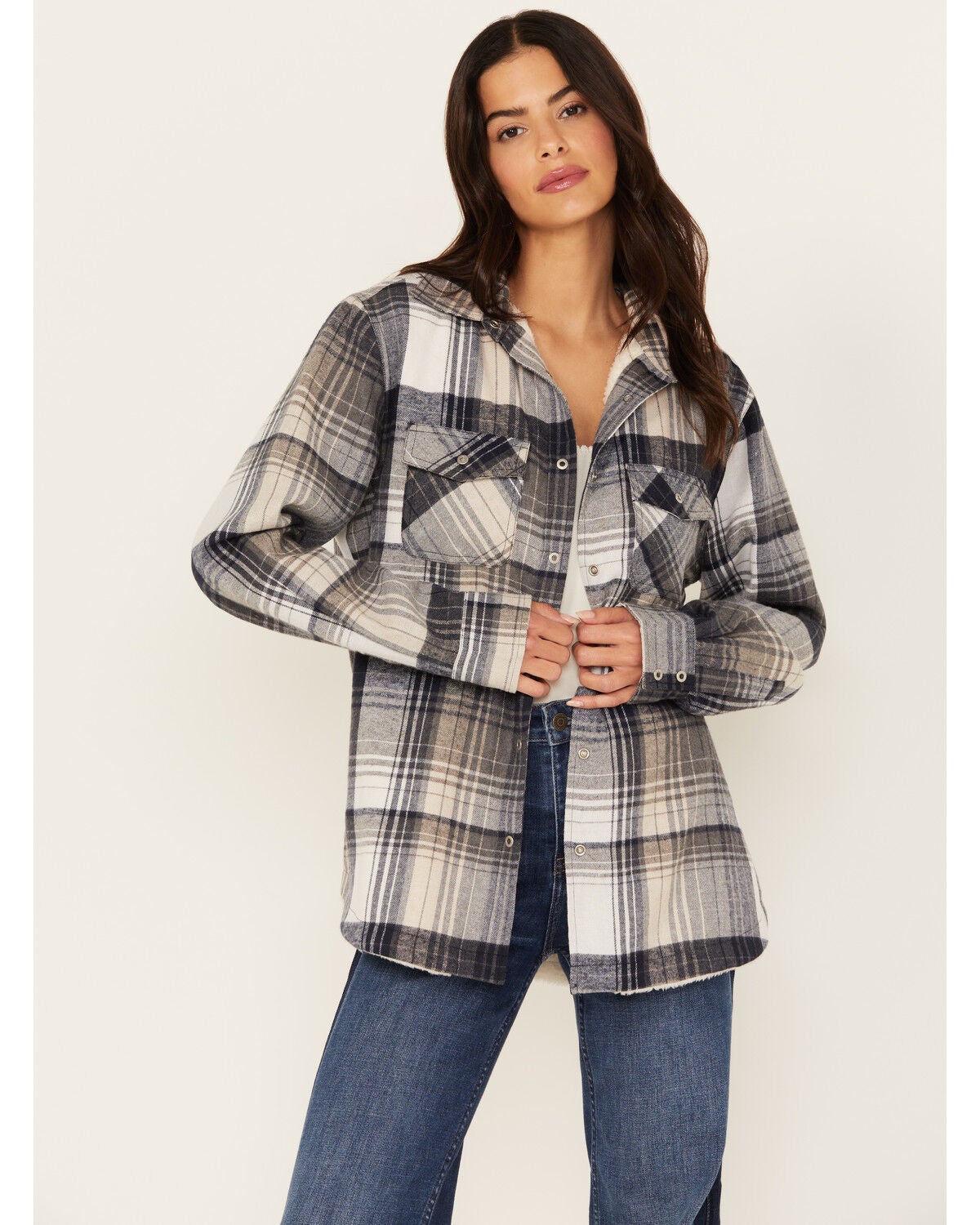 Pacific Teaze Women's Plaid Print Sherpa Lined Shacket, Navy, hi-res