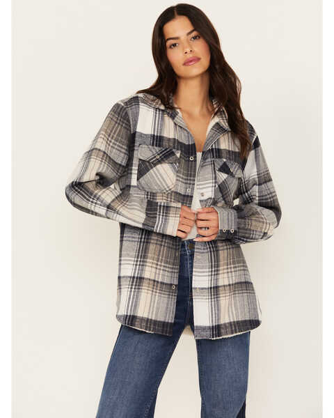 Pacific Teaze Women's Plaid Print Sherpa Lined Shacket , Navy, hi-res
