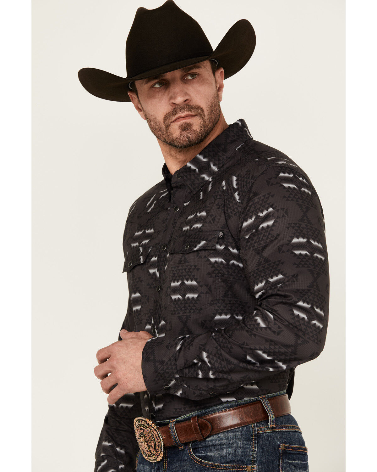 Image #2 - Rock & Roll Denim Men's Tek Southwestern Print Long Sleeve Snap Western Shirt, Charcoal, hi-res