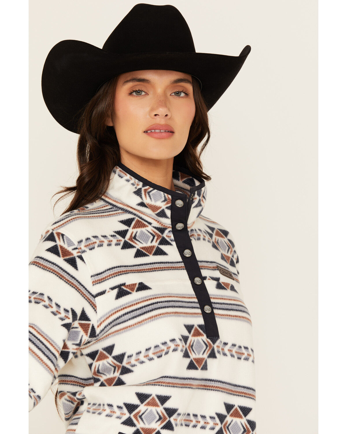 Image #2 - Cinch Women's Southwestern Print Fleece Long Sleeve Snap Pullover, Cream, hi-res