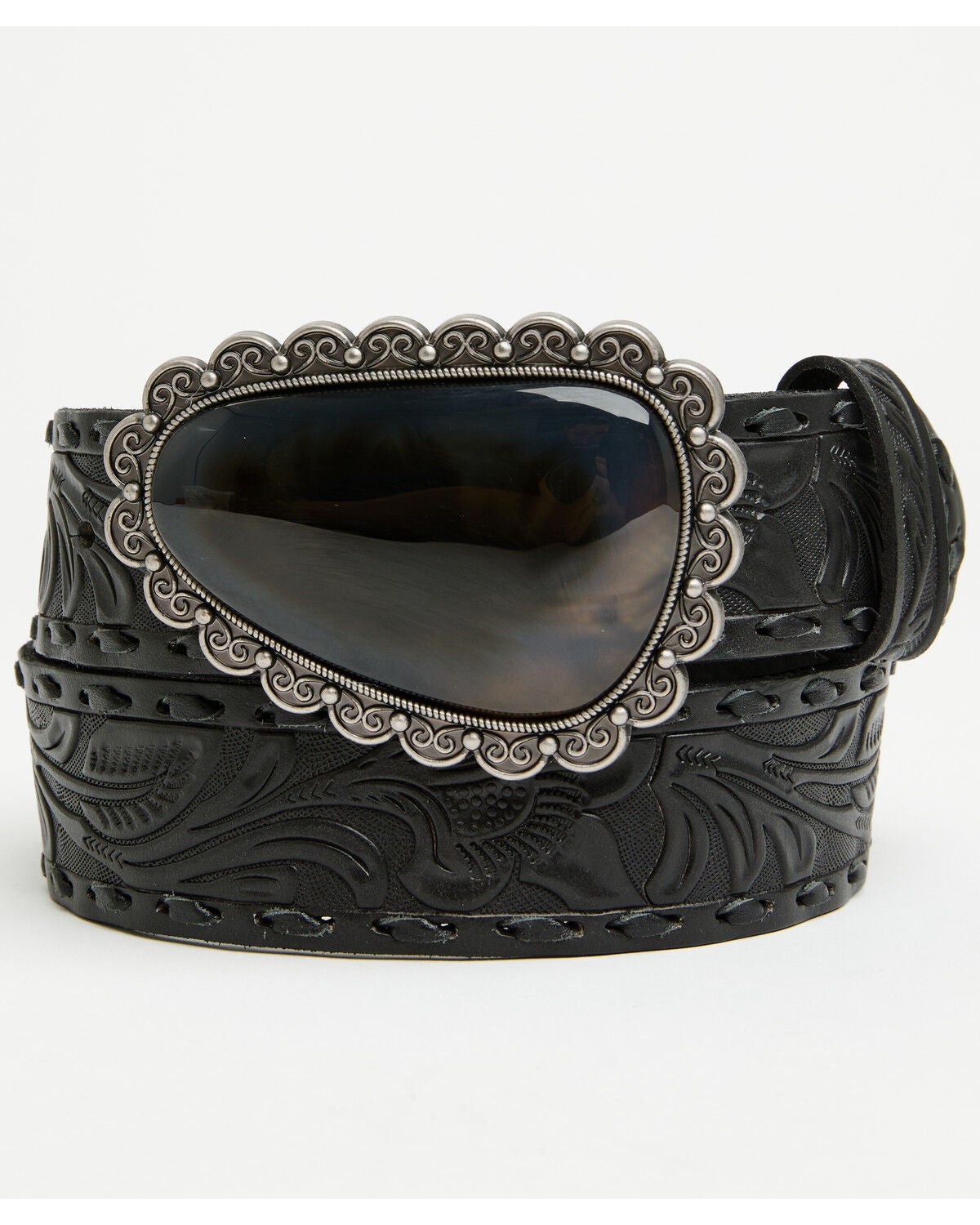 Shyanne Women's Whipstitch Agate Stone Buckle Belt, Black, hi-res