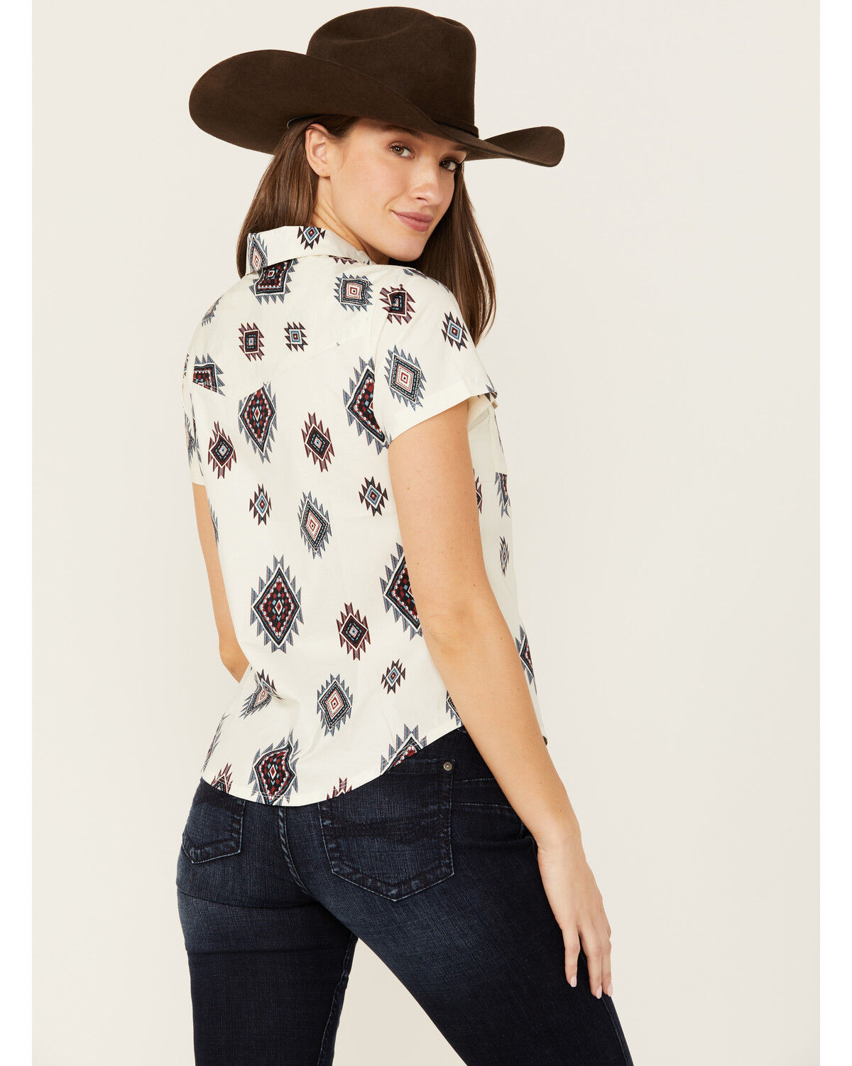Image #4 - Shyanne Women's Laramie Southwestern Print Short Sleeve Snap Western Riding Shirt, Cream, hi-res