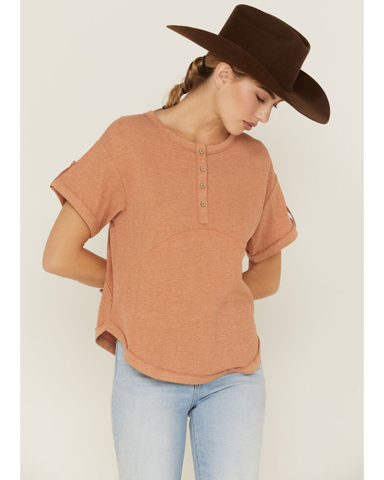Cleo + Wolf Women's Relaxed Waffle Knit Henley Top, Beige/khaki, hi-res