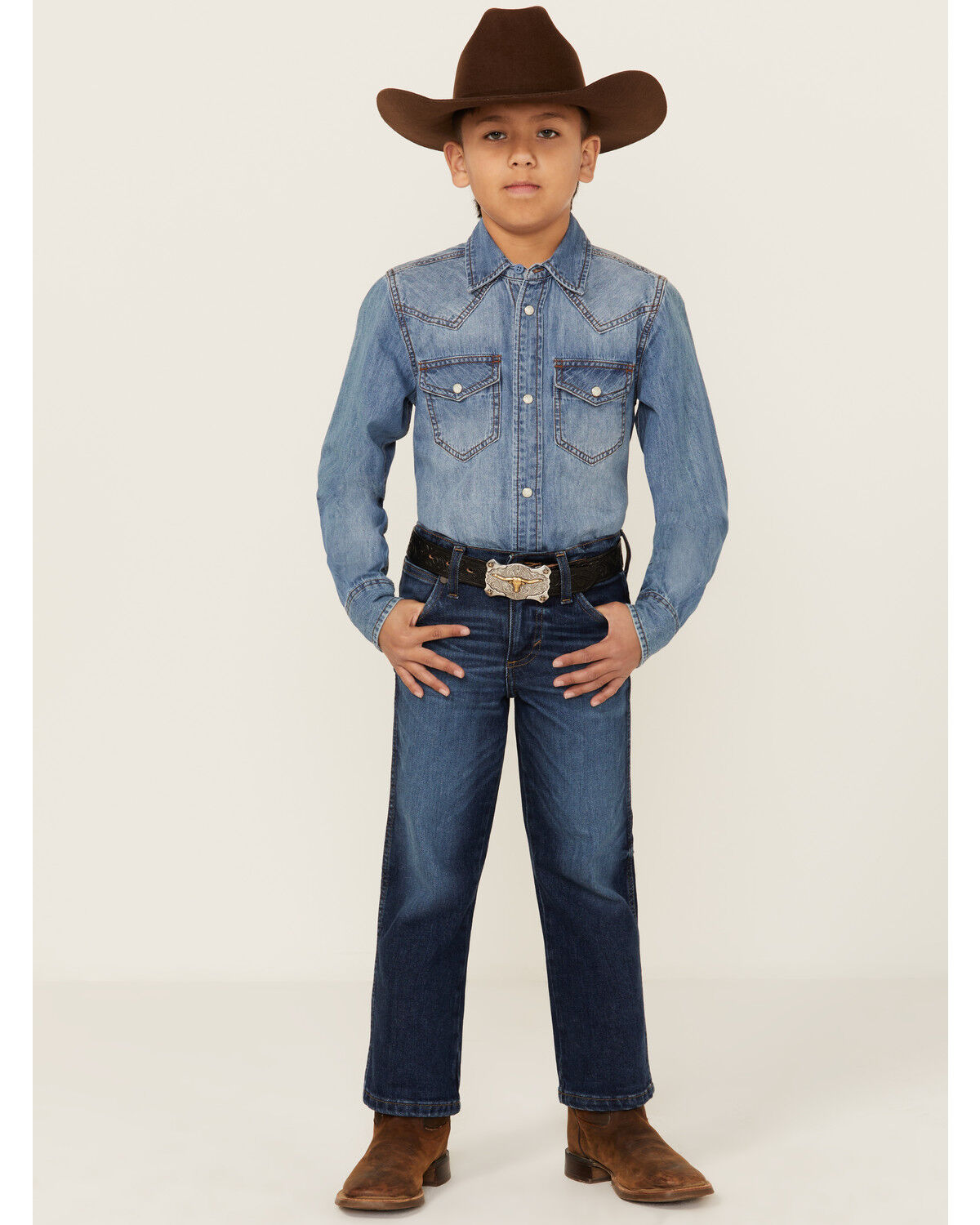 Image #1 - Wrangler Retro Little Boys' Troxler Dark Wash Relaxed Bootcut Stretch Denim Jeans, Blue, hi-res