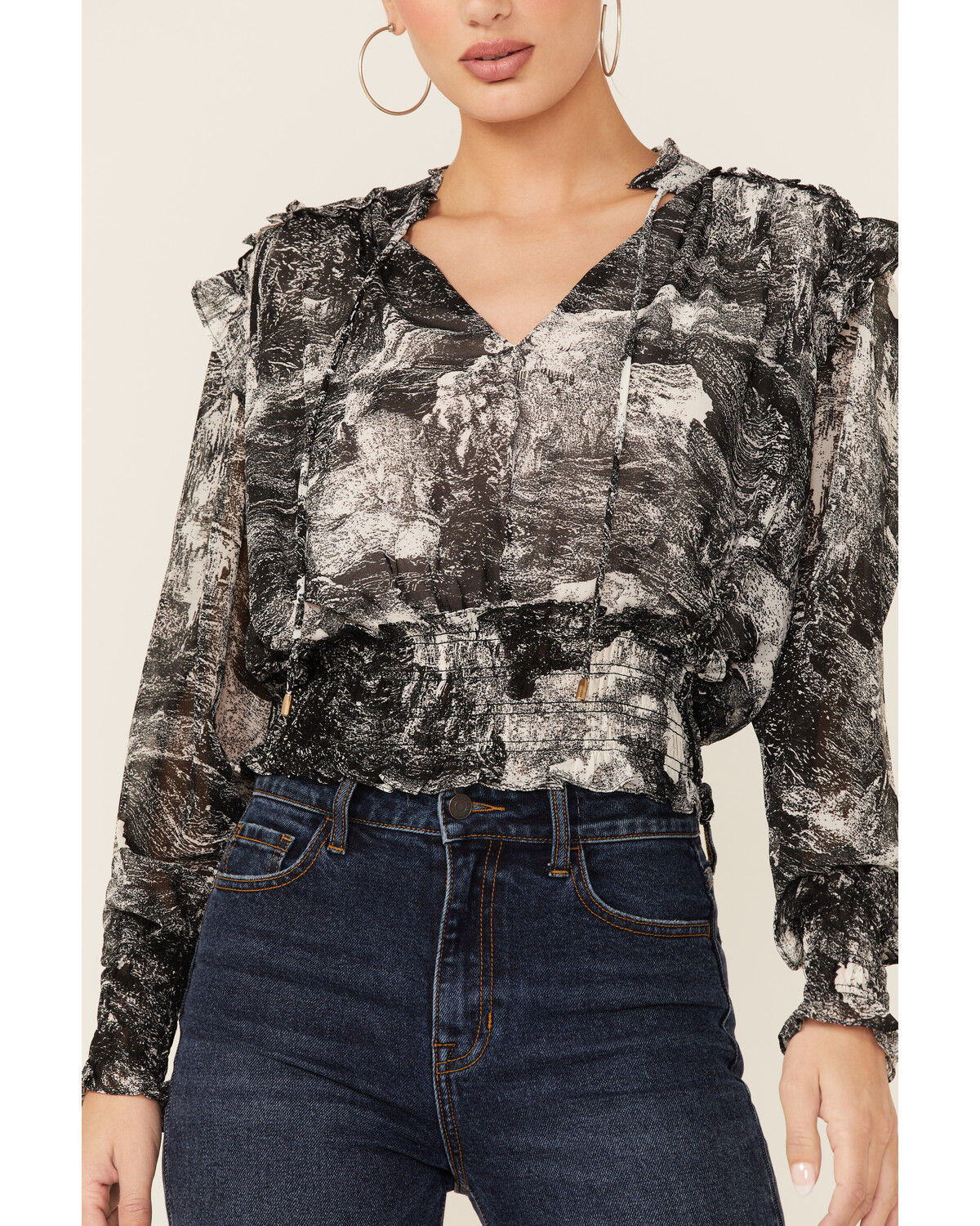 Image #3 - Revel Women's Toile Print Smocked Long Sleeve Top, Black, hi-res