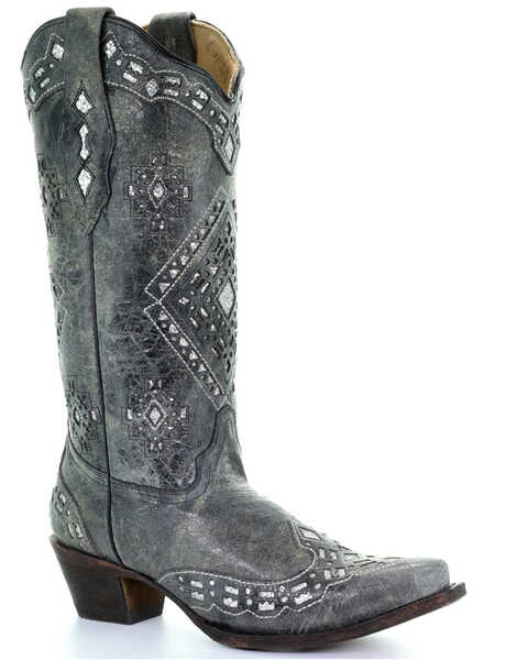 Image #1 - Corral Women's Glitter Inlay Western Boots - Snip Toe, Black Distressed, hi-res