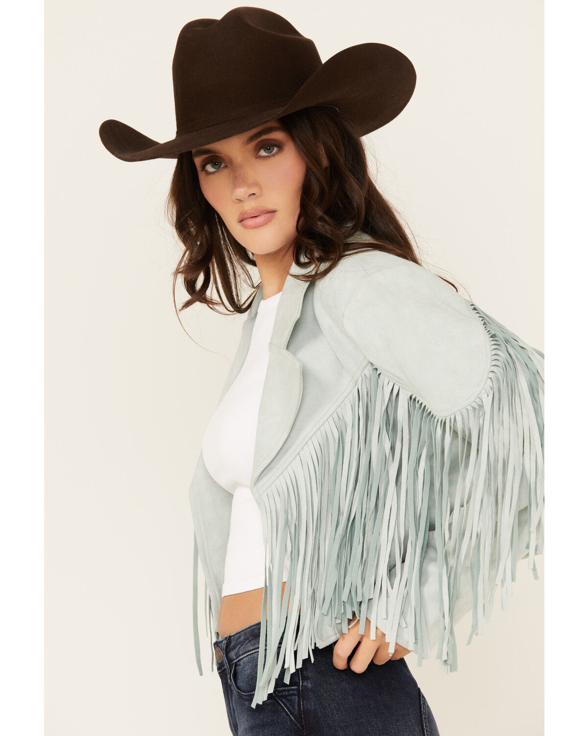 Image #2 - Saints & Hearts Women's Faux Suede Fringe Jacket, Blue, hi-res