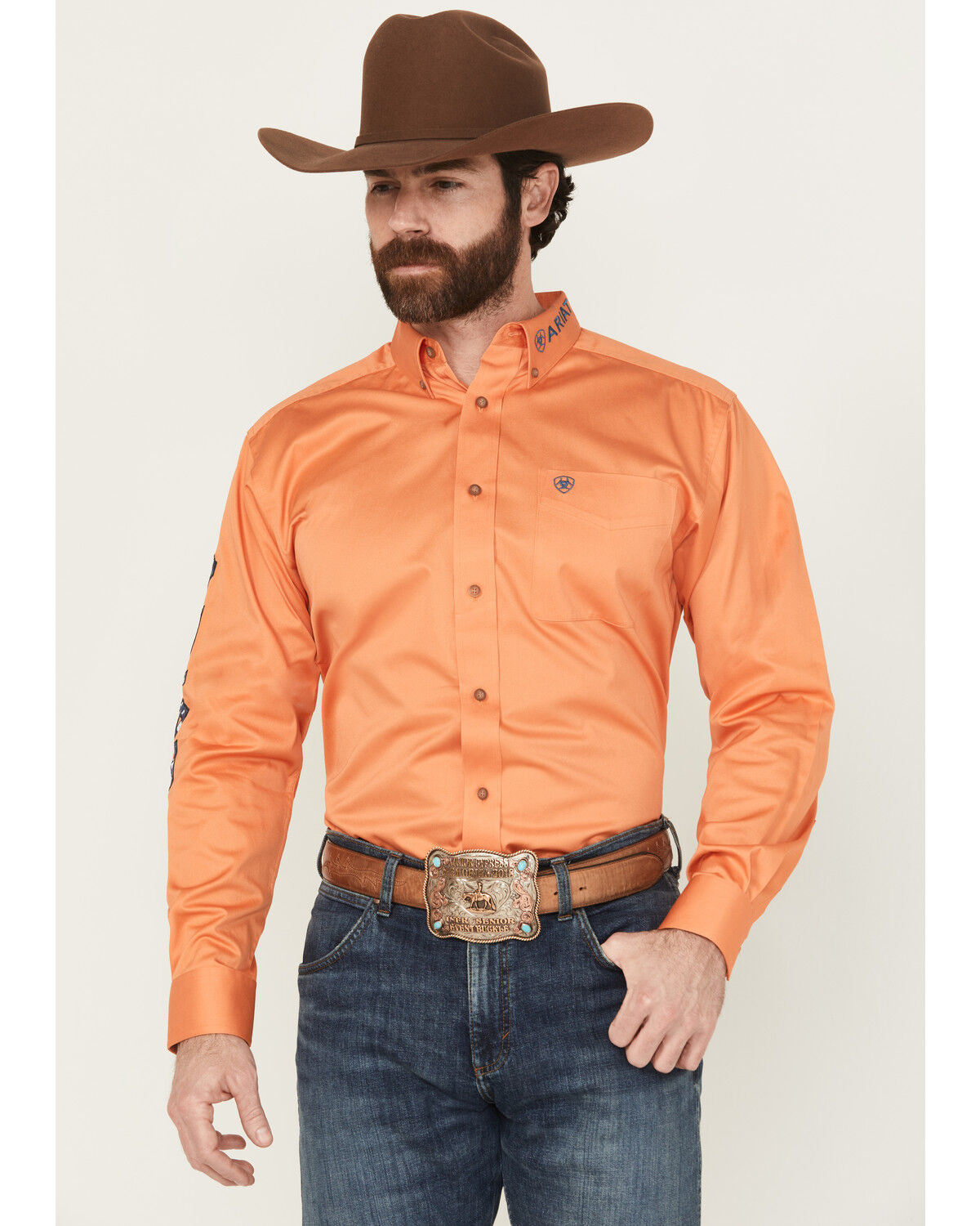 Image #1 - Ariat Men's Team Logo Twill Solid Long Sleeve Button-Down Western Shirt, Orange, hi-res