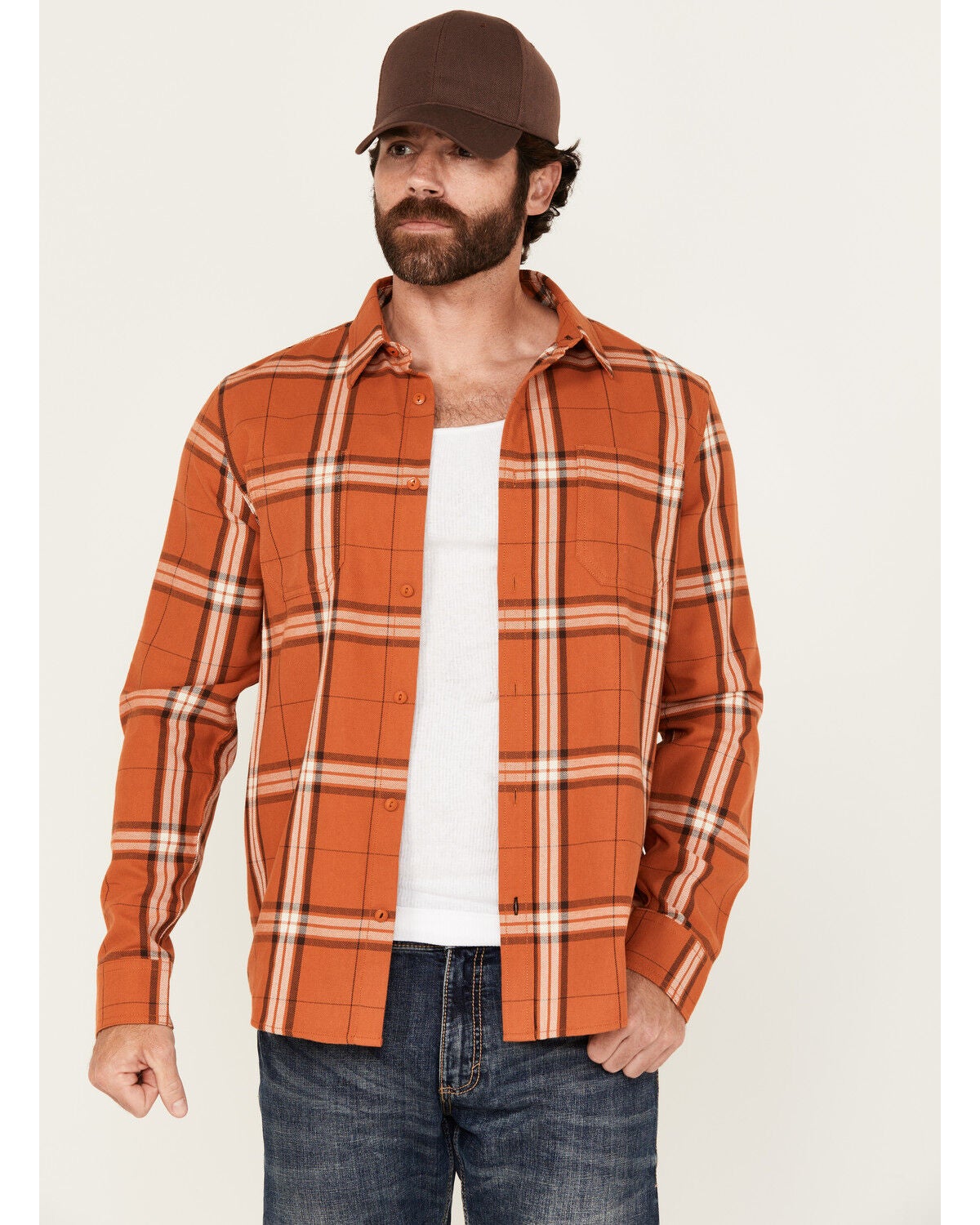 Image #1 - Brothers and Sons Men's Hatch Plaid Print Long Sleeve Button-Down Stretch Western Shirt, Dark Orange, hi-res