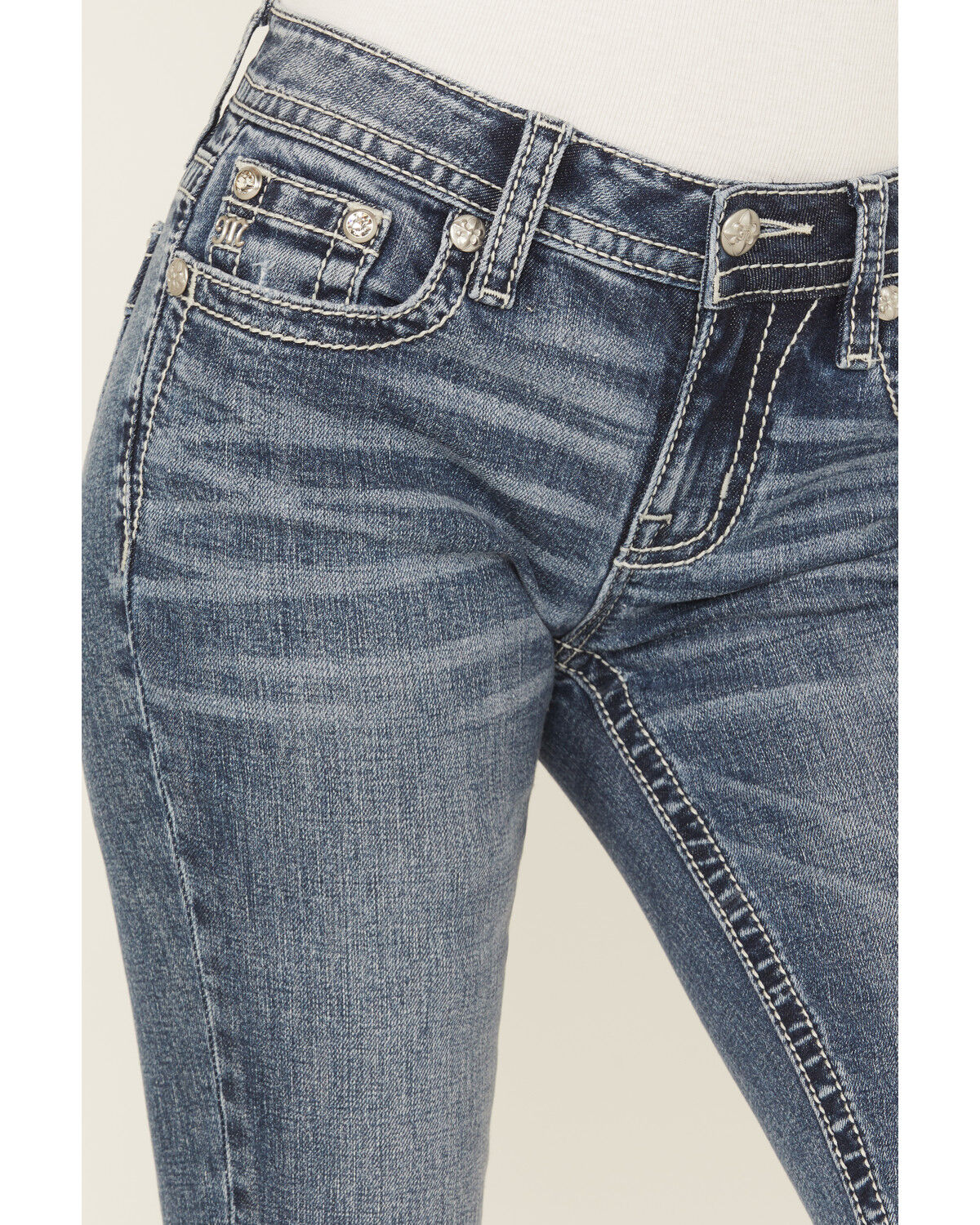 Image #4 - Miss Me Women's Medium Wash Mid Rise Bootcut Floral Pocket Stretch Denim Jeans, Medium Wash, hi-res